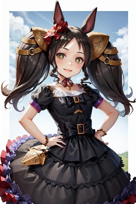 00025-721685826-), smile, looking at viewer, hand on hip, black hair, twintails, hair ornament, +_+, secondary outfit, black frilled dress.jpg